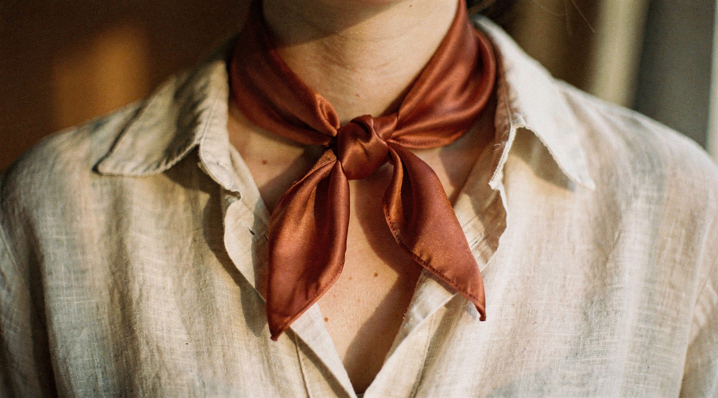 A folded silk scarf tied in a soft knot at the neck over a cream shirt collar