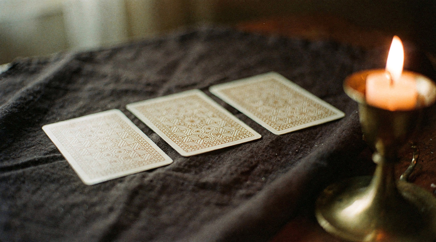 Cards laid face down in a row on a dark linen cloth beside a lit candle