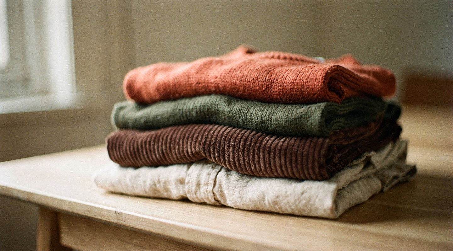 A folded stack of knitwear and linen in rust, olive, and chocolate brown on a wooden surface