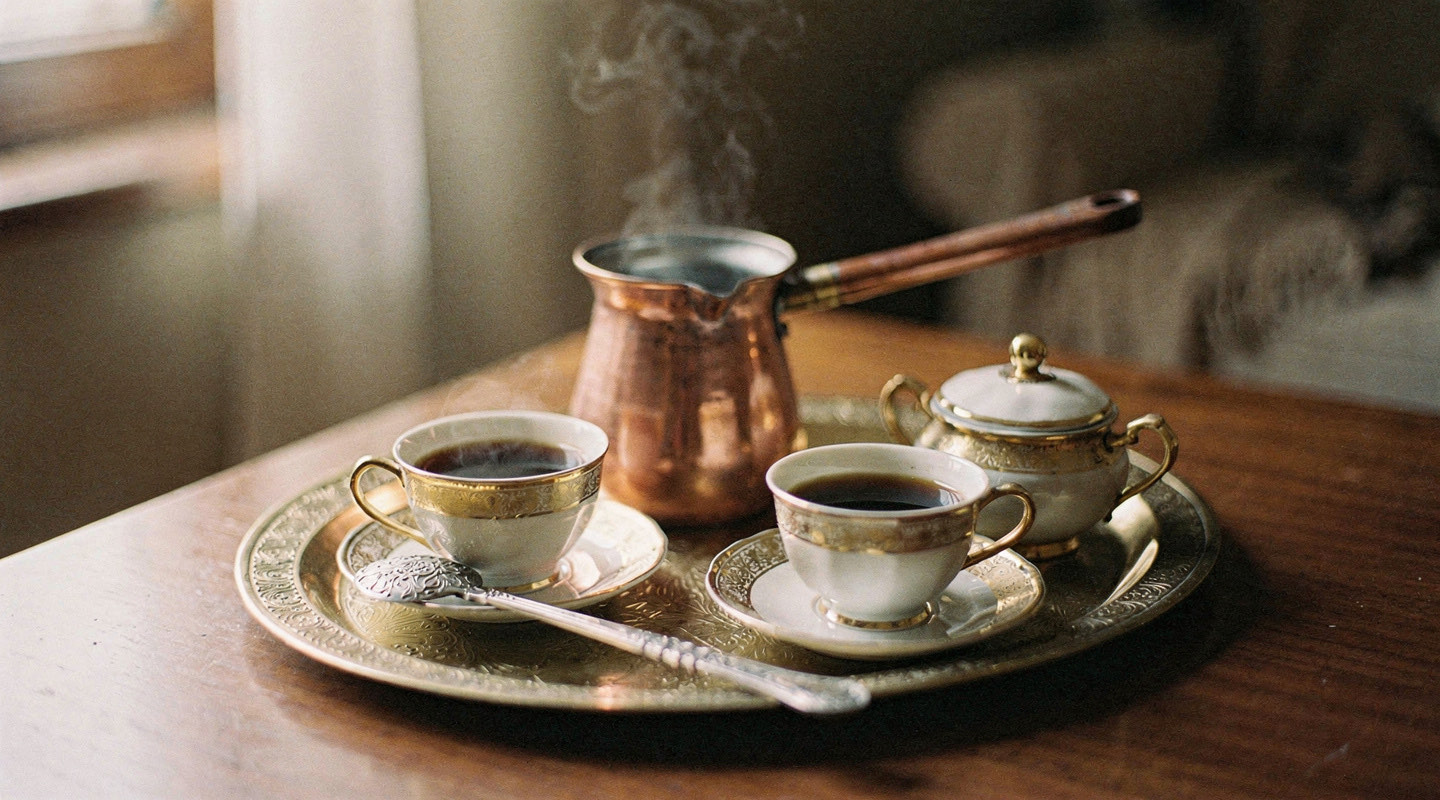 A copper cezve, two gold-rimmed porcelain cups, and a small sugar bowl arranged on a brass tray