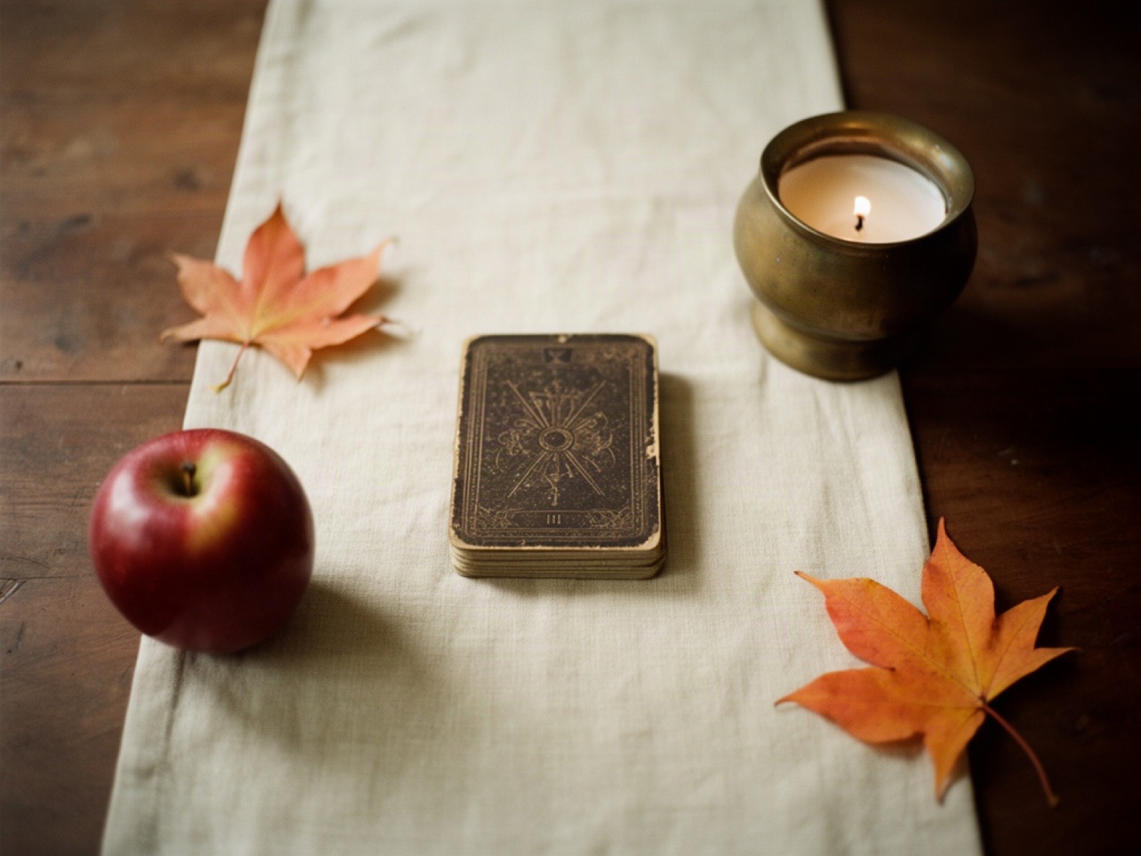 An overhead view of a tarot deck on a linen runner with a candle, a red apple and maple leaves