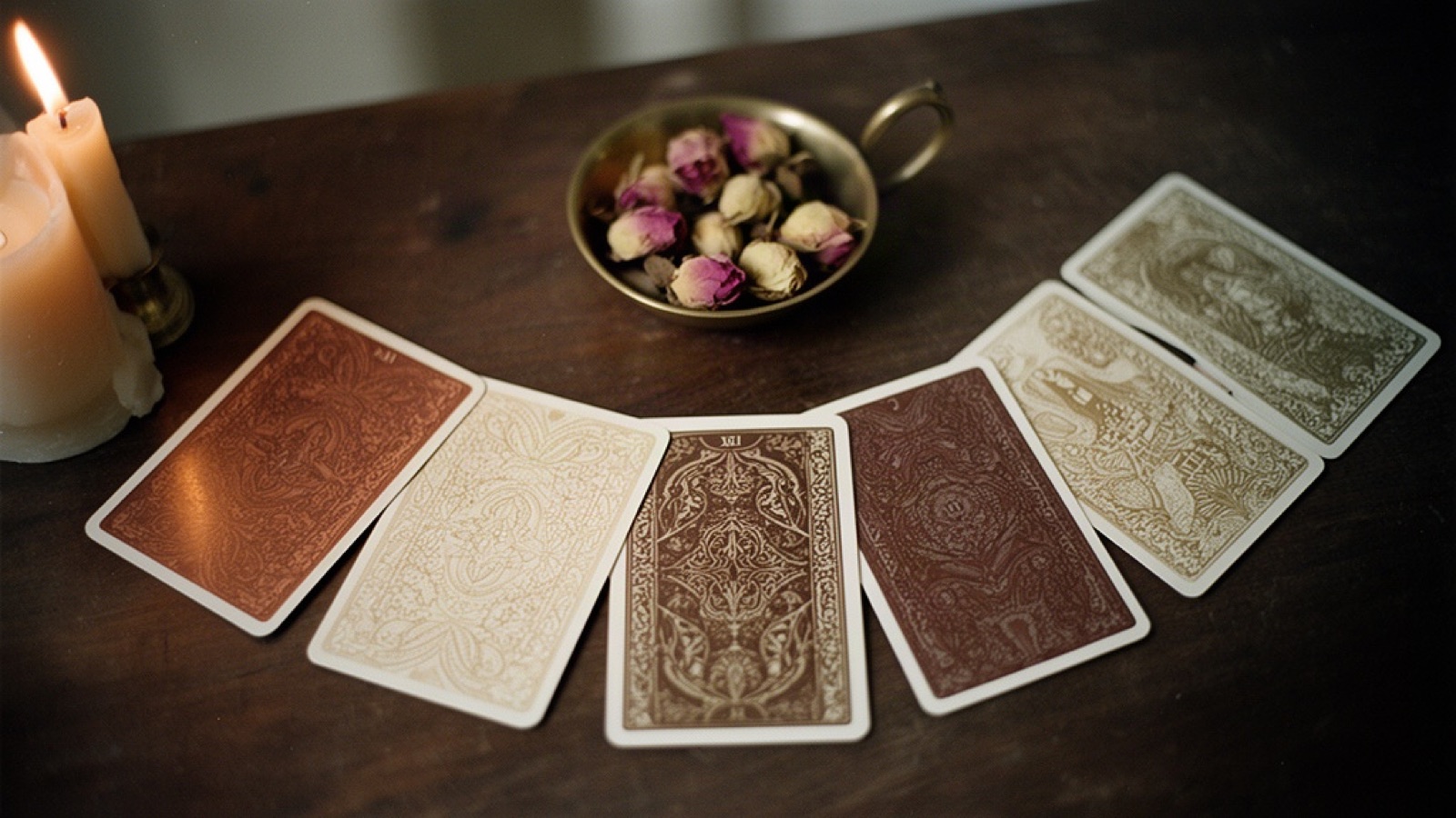 Tarot cards laid face down in a gentle arc on a dark table beside a brass dish of dried rosebuds
