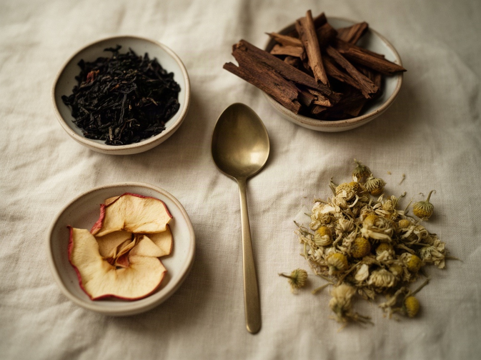 Bowls of black tea leaves, cinnamon bark and dried apple slices beside loose chamomile flowers and a brass spoon