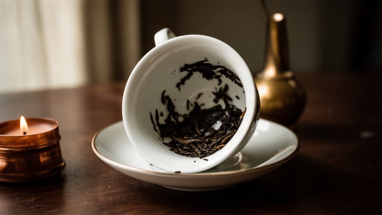 A tilted white teacup showing wet tea leaves clinging inside, beside a small lit candle