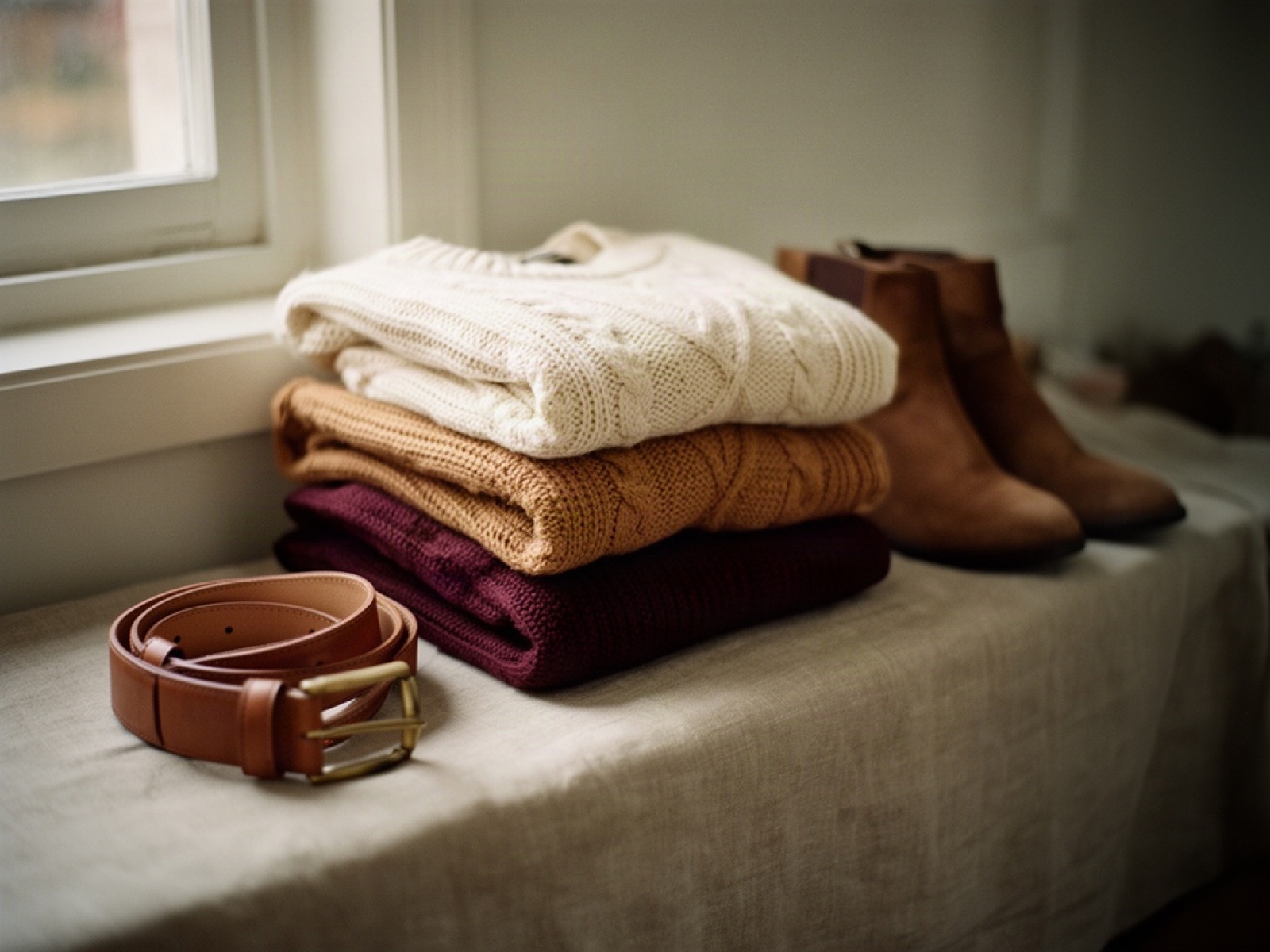 Folded cream, camel and burgundy sweaters stacked beside a leather belt and suede ankle boots