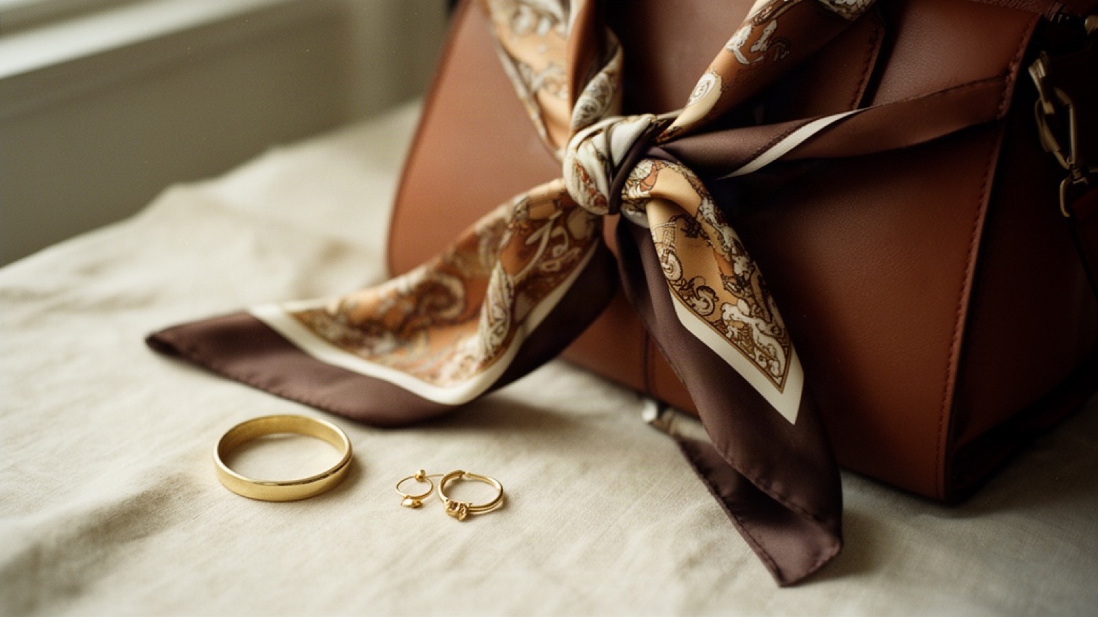 A patterned silk scarf knotted around a brown leather bag with gold jewelry beside it on linen