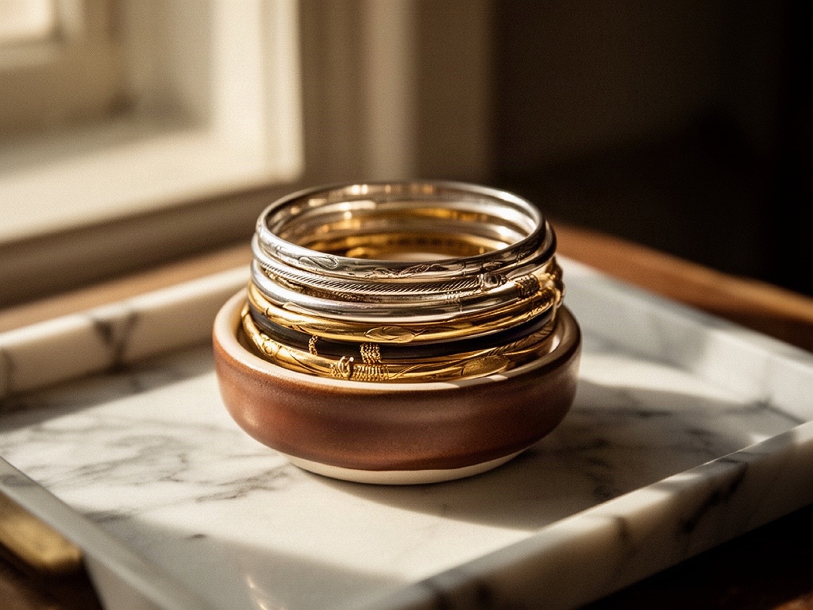 Heavy silver and gold bangles stacked together in a small ceramic dish on a marble tray