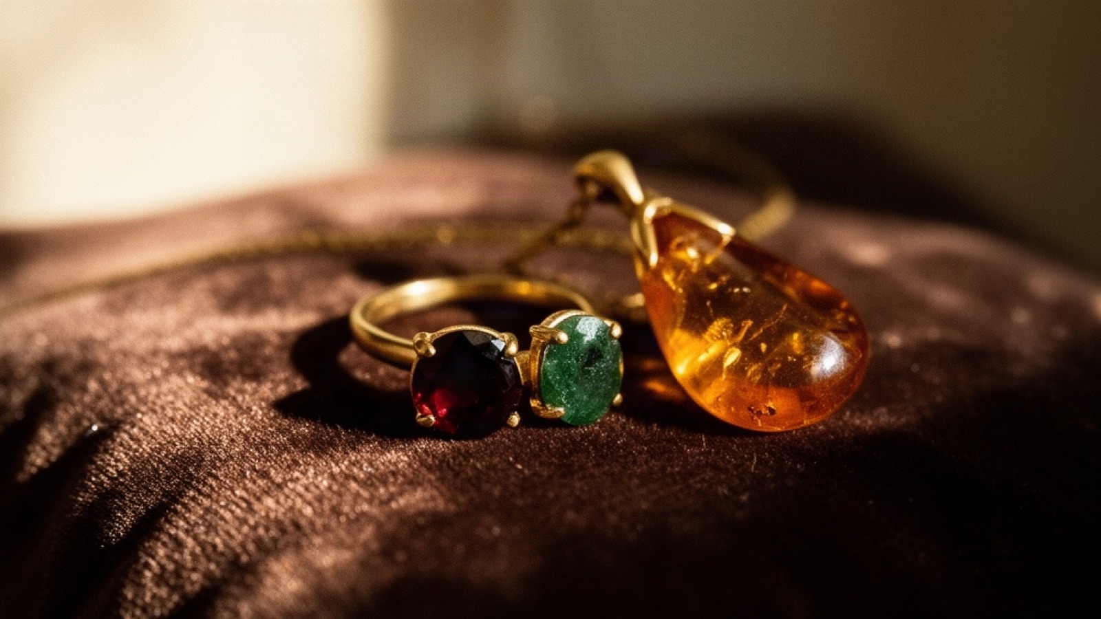Gold rings set with garnet and green stones beside a polished amber pendant on dark velvet