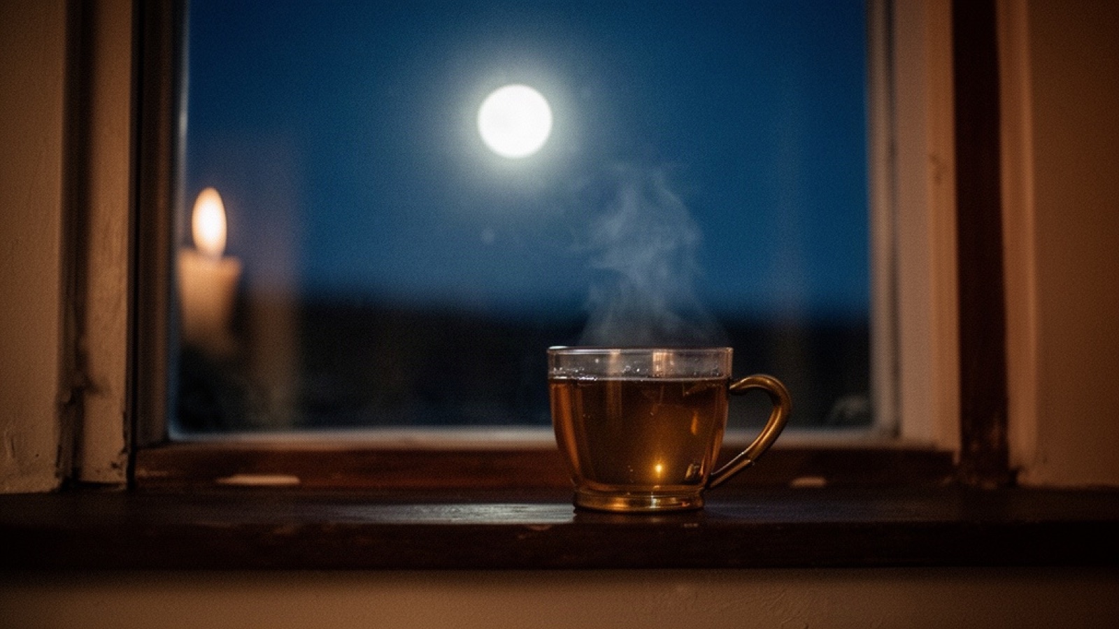 A steaming cup on a dark windowsill with the full moon in the night sky beyond the glass
