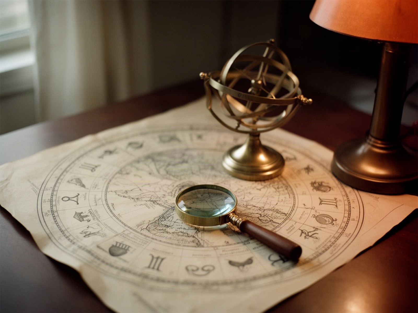 A vintage zodiac chart spread on a desk with a brass armillary sphere and a magnifying glass