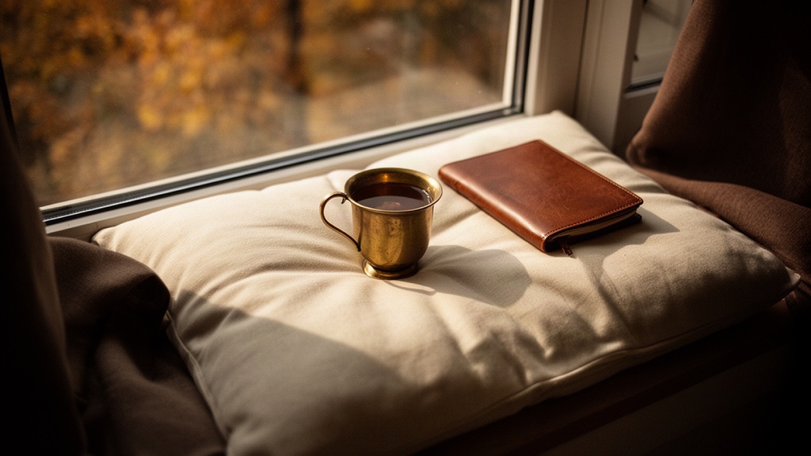 A window seat in golden autumn light with a brass cup of tea and a closed journal on the cushion