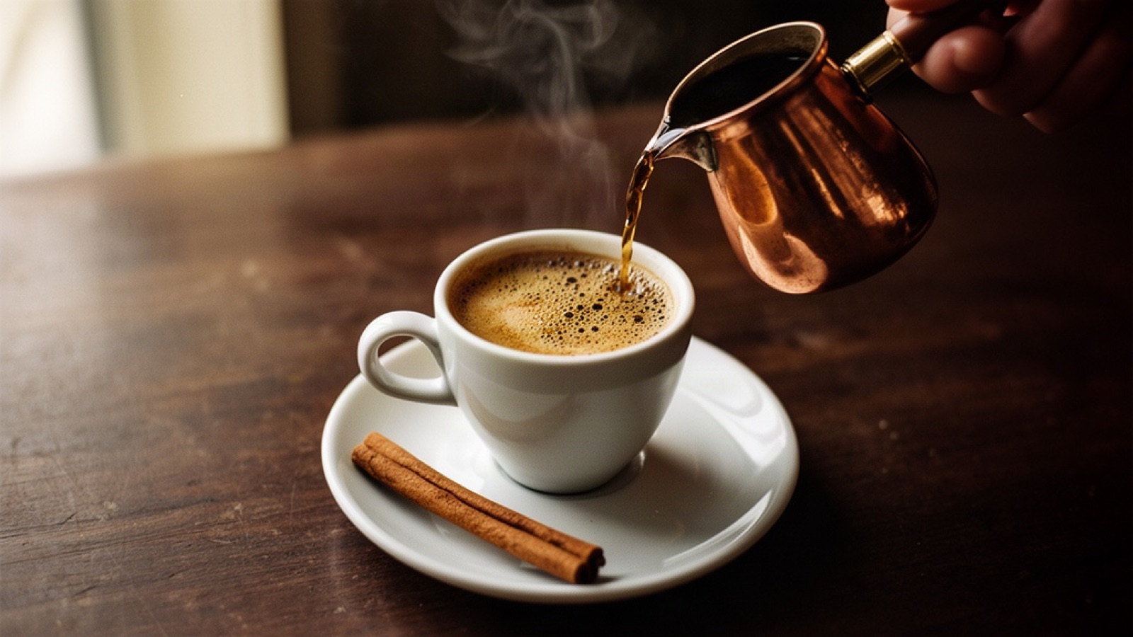 Foamy Turkish coffee being poured from a copper cezve into a white cup with a cinnamon stick on the saucer