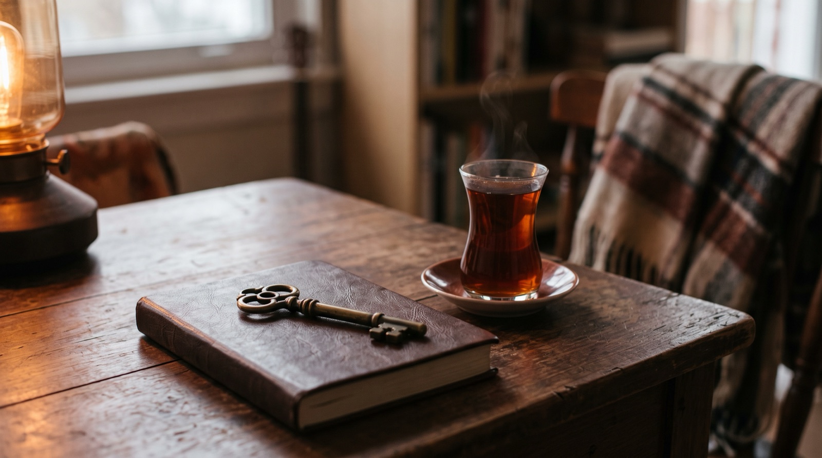 An antique brass key resting on a closed leather book beside a small glass of dark tea in lamplight