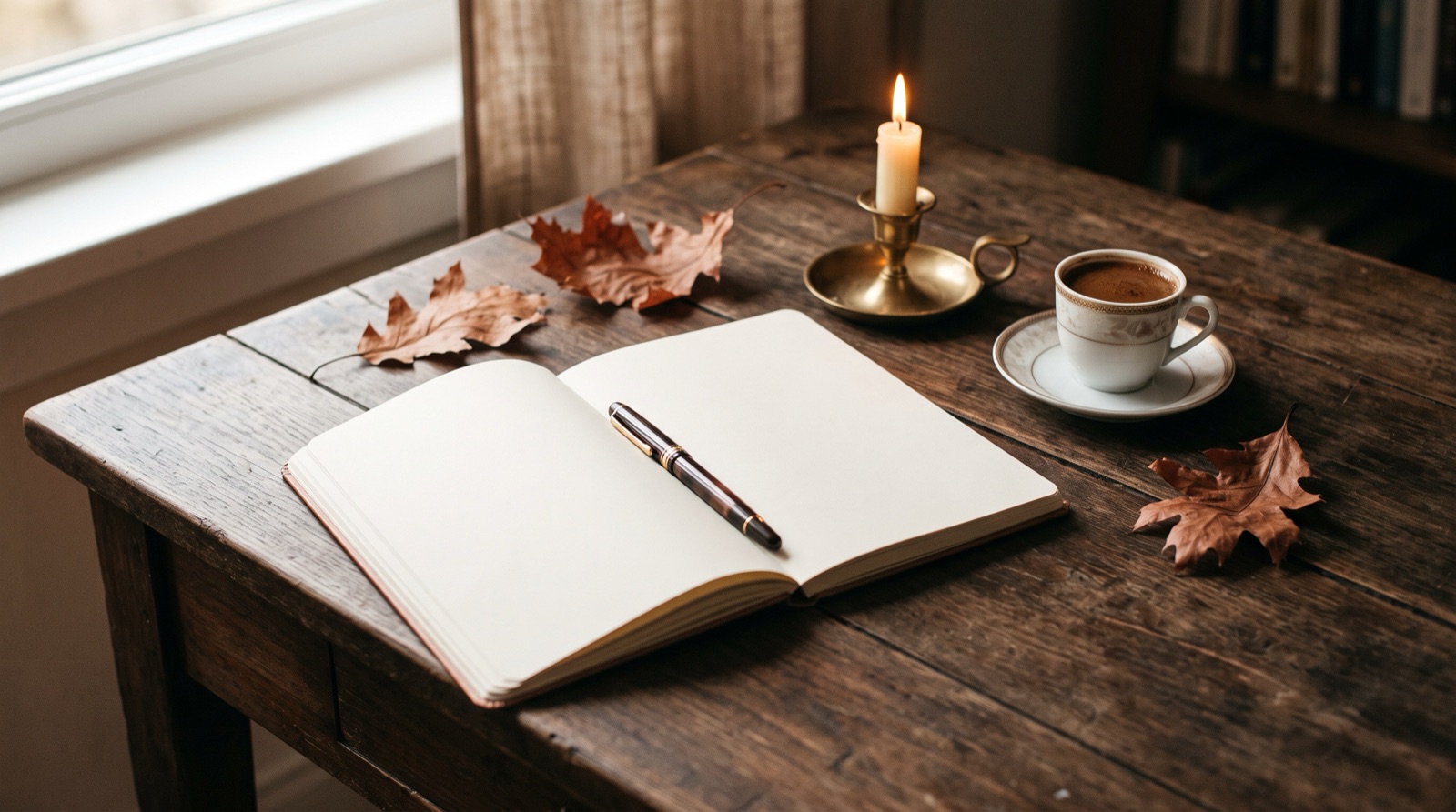 An open notebook with a fountain pen, a lit candle, a cup of Turkish coffee and dried oak leaves on a wooden desk
